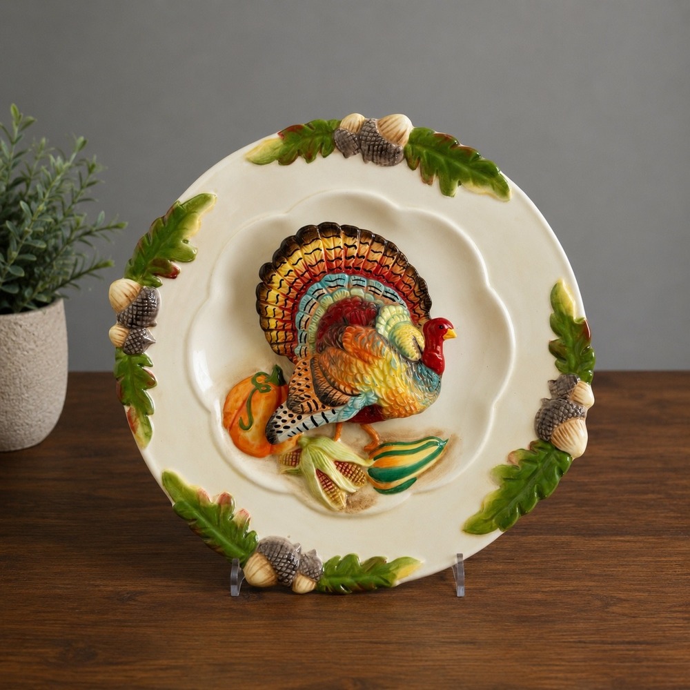 Ganz Tom Turkey Plate 3D Ceramic Thanksgiving Wall Decor Harvest Acorn 8" Rare